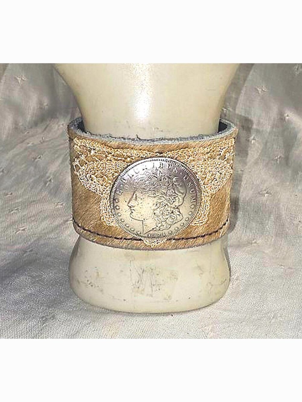 Silver Coin Concho Wide Cuff Bracelet Brown & Off White Hair On Hide Leather